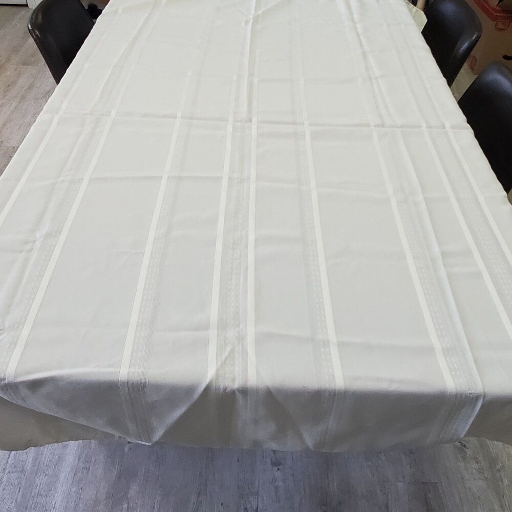 Vintage Tablecloth Cream Polyester Jacquard Striped Rectangle 69x52.5" Washable